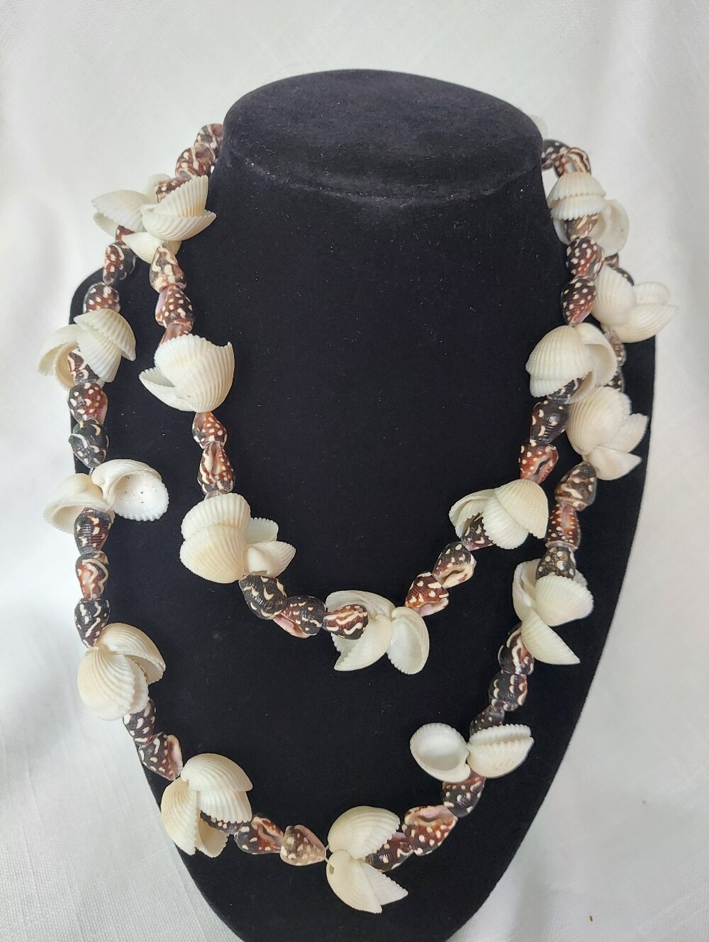 Vintage Long Multi-strand Natural Nassa & White Clam seashell necklace 36"